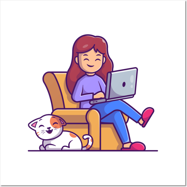 Women working on laptop with cat cartoon Wall Art by Catalyst Labs